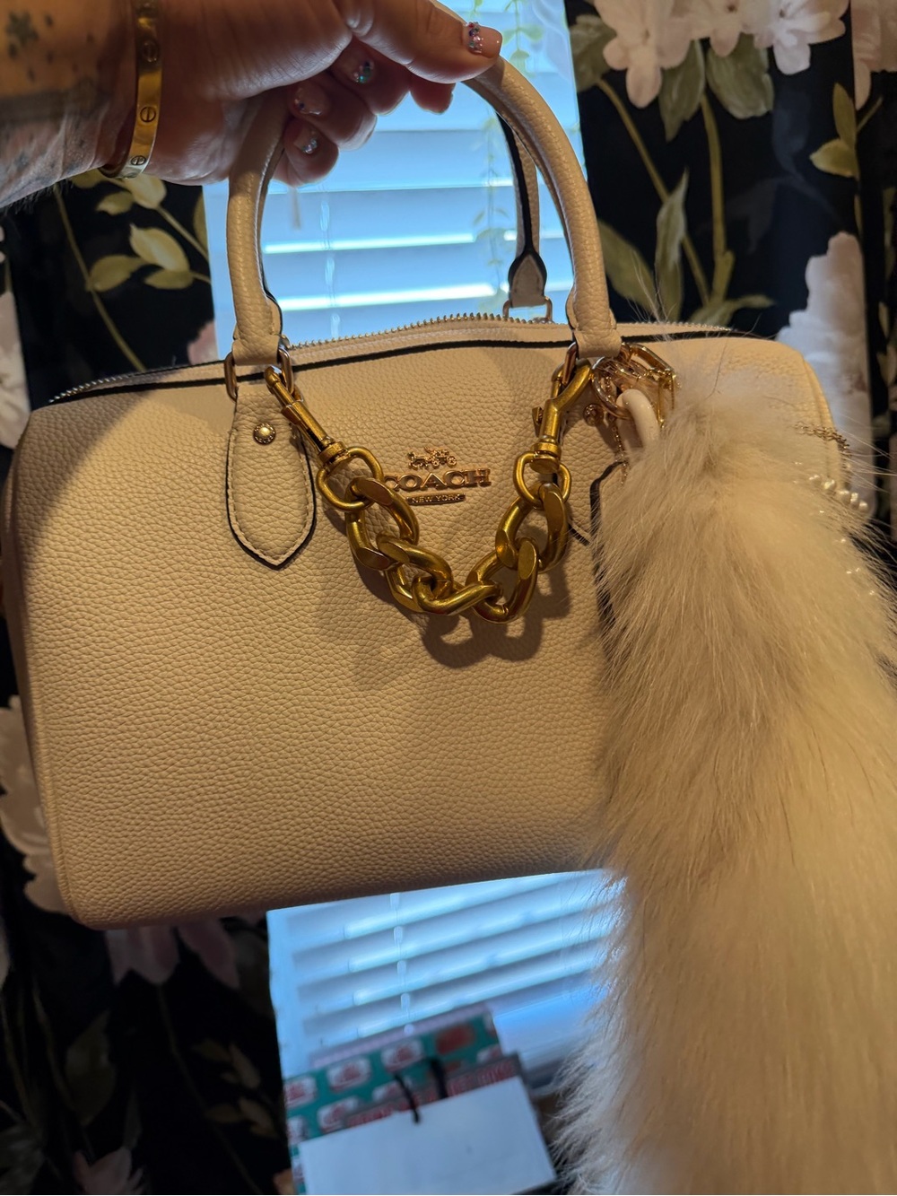 Coach Cream Pebbled Leather Satchel with Gold Chain Accent